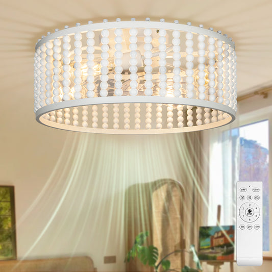 Frstem Boho Wood Beaded Fandelier, White 20" 6-Speed Flush Mount Ceiling Fan Chandelier with Light & Remote Control, French Style Bladeless/Quiet Motor/Low Profile, for Kitchen Bedroom Living Room